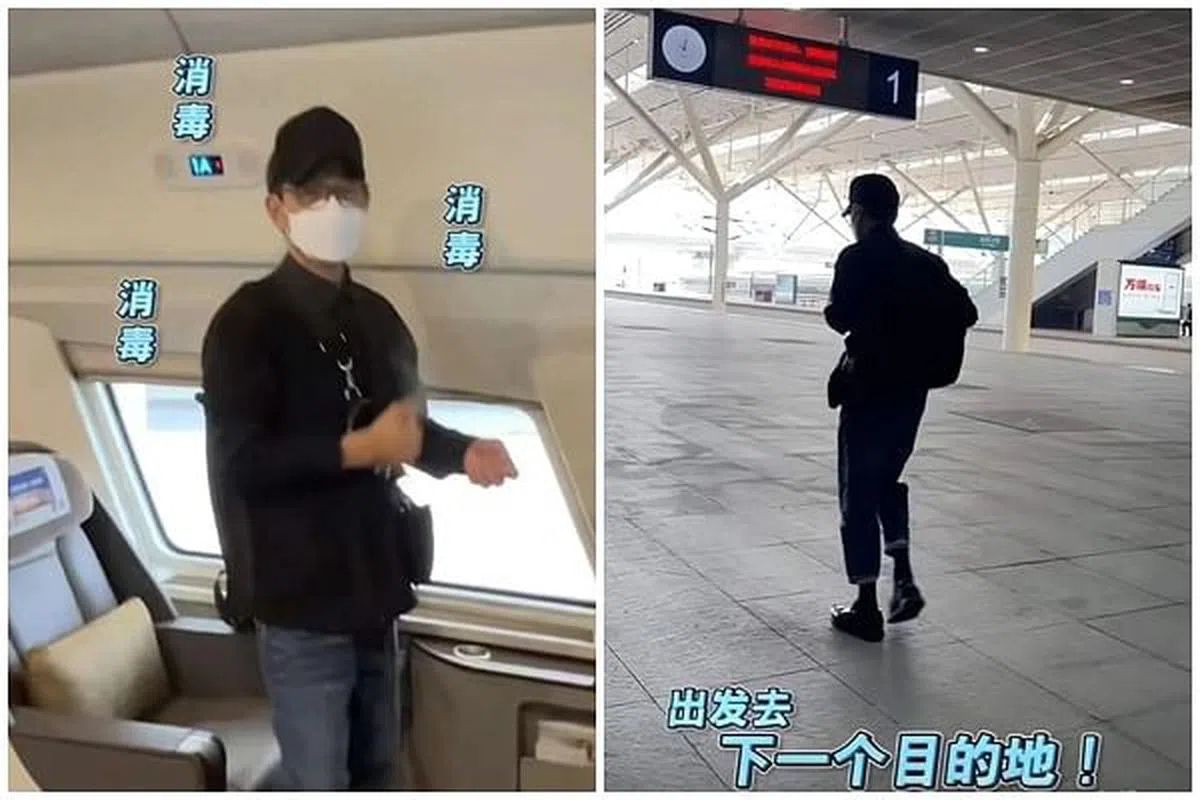 刘德华在座位消毒，谨慎防疫（左图）。他一个人赶路的背影也非常吸睛。（抖音截图）
