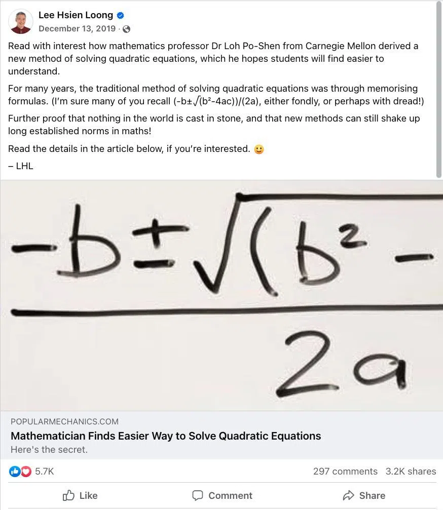 热爱研究数学的国务资政李显龙于2019年在脸书发表一则关于数学的贴文，提到了由罗博深得出的二次方程新解法非常有趣。（照片取自网络）