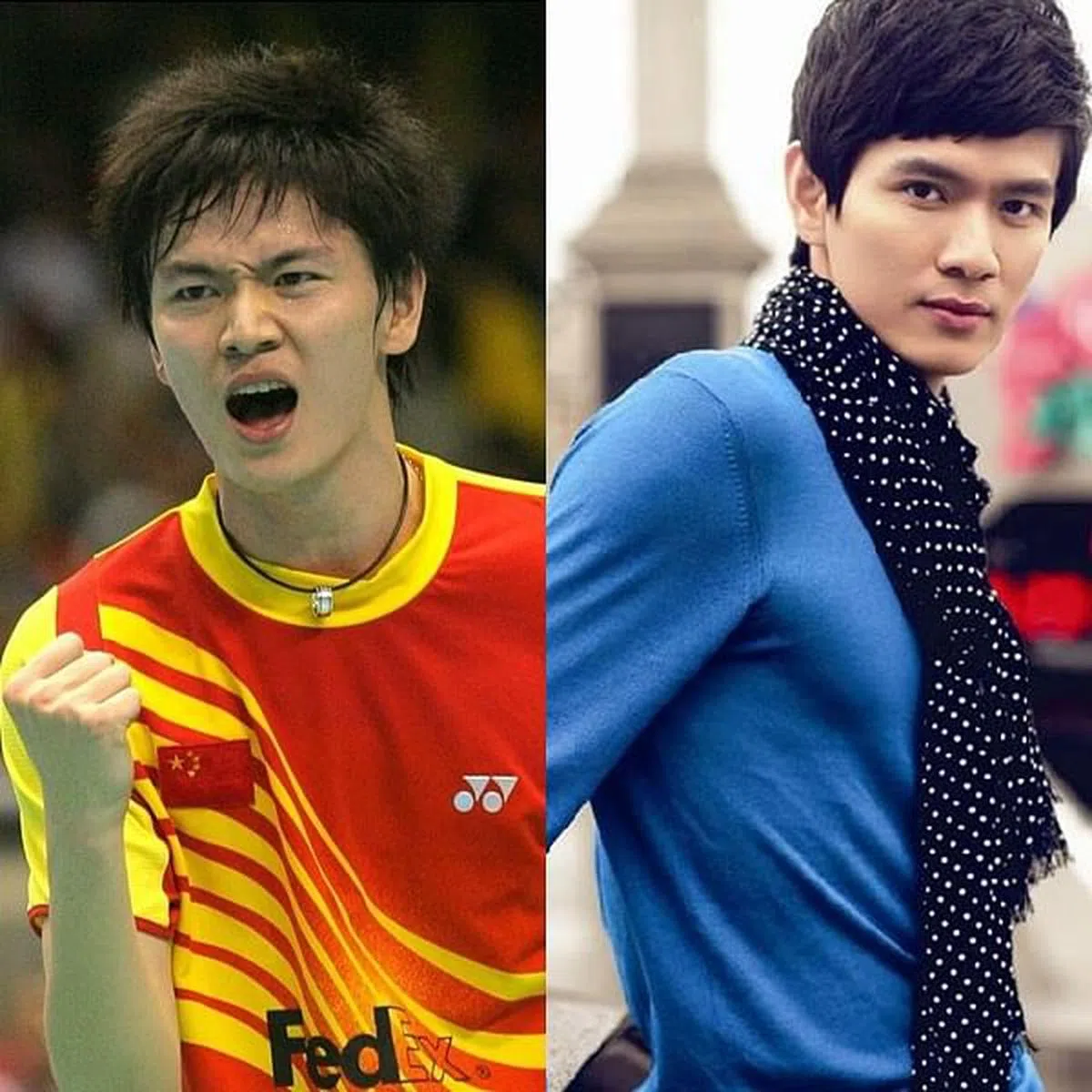 运动员时期（左）和艺人时期的鲍春来。（互联网）