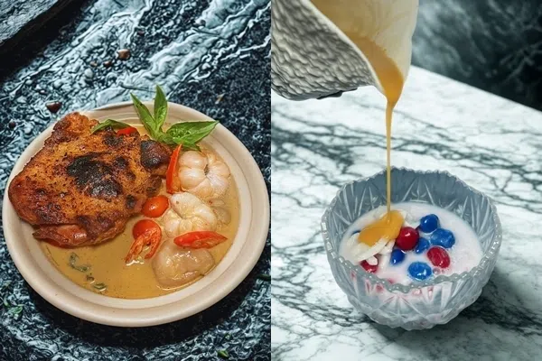 油封鸭红咖喱（左起），采用法式方法处理鸭肉。吃甜品椰奶汤圆时，加入咸蛋黄酱。（餐馆提供）