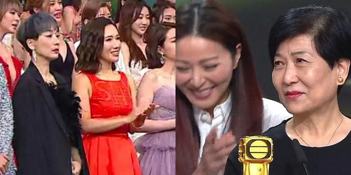 江美仪（左图左一）被拍到曾励珍领奖时没有拍手。（视频截图）