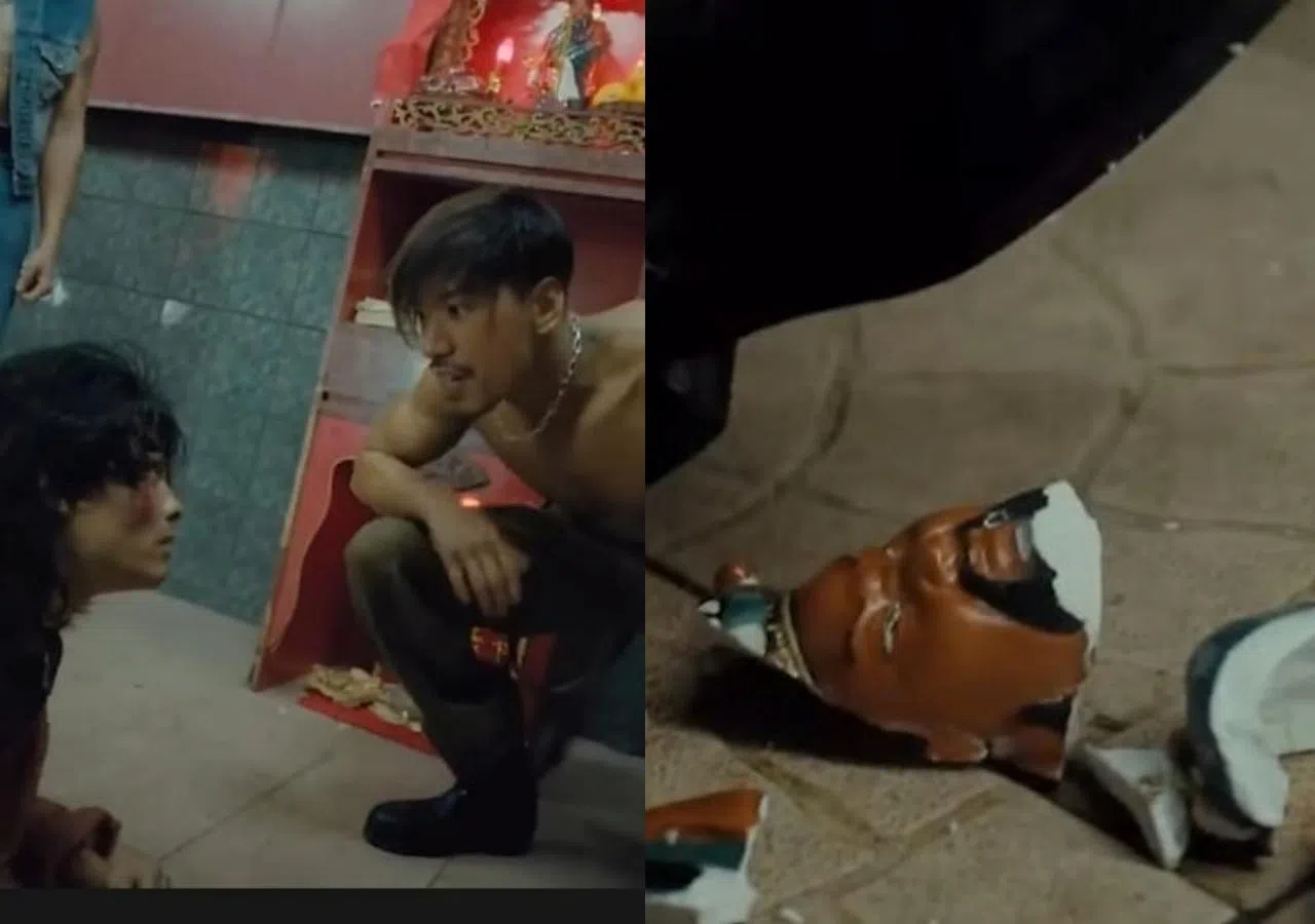 张耀扬于拍摄《古惑仔3之只手遮天》中踏碎关公神像，自此盛传他中邪。（互联网）