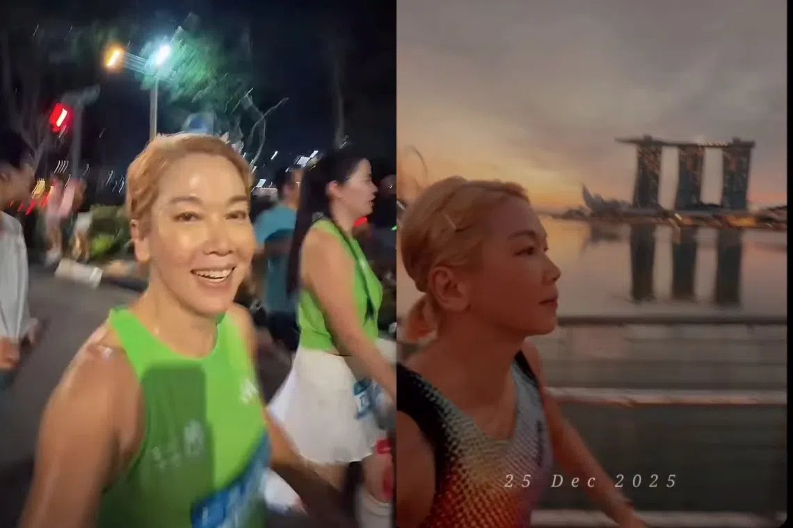 钟琴今年12月参加半程马拉松赛（左图），圣诞节当天也在跑步（右图）。（取自艺人IG）