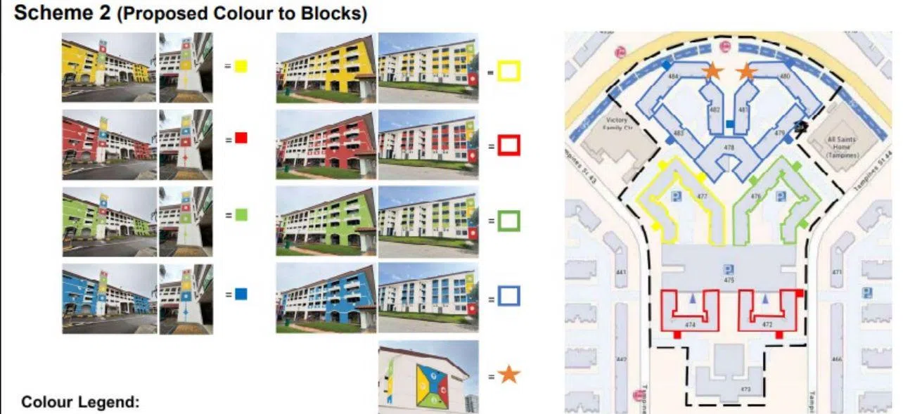 淡滨尼市镇理事会去年提供三个不同刷漆方案让居民选择，每个方案都附带示意图。（马炎庆提供）