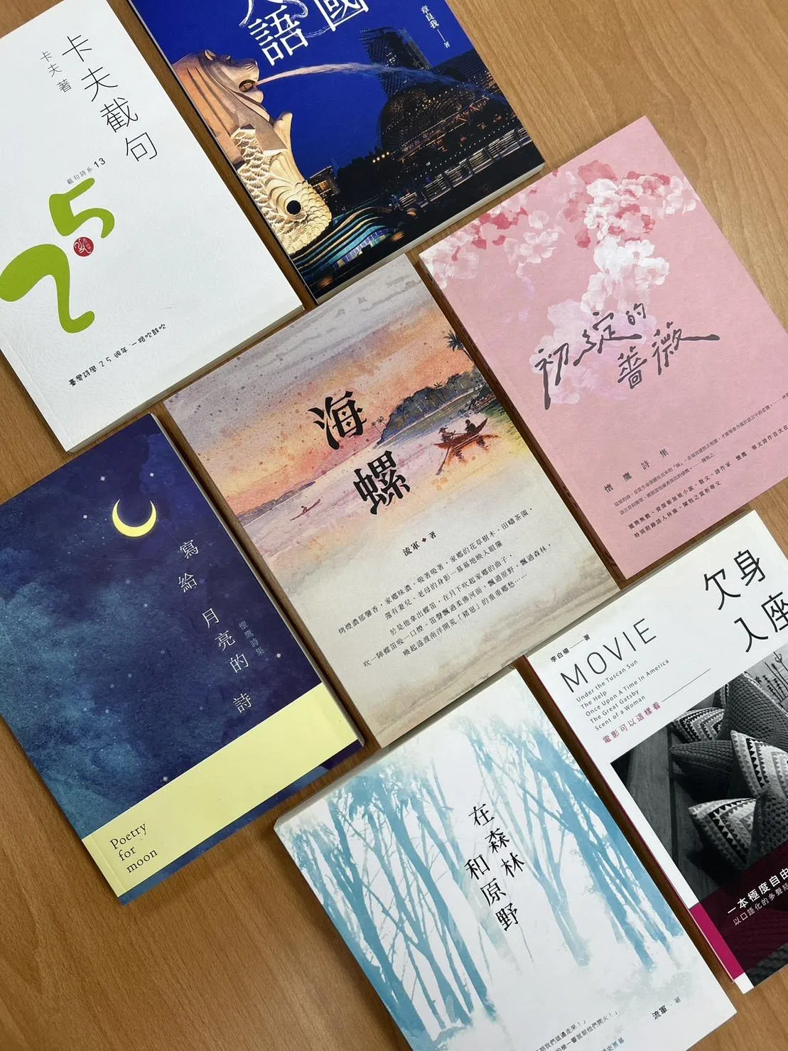 卡夫、流军、章良我、怀鹰、李白杨等新华作者通过秀威资讯出版的作品。（秀威资讯提供）