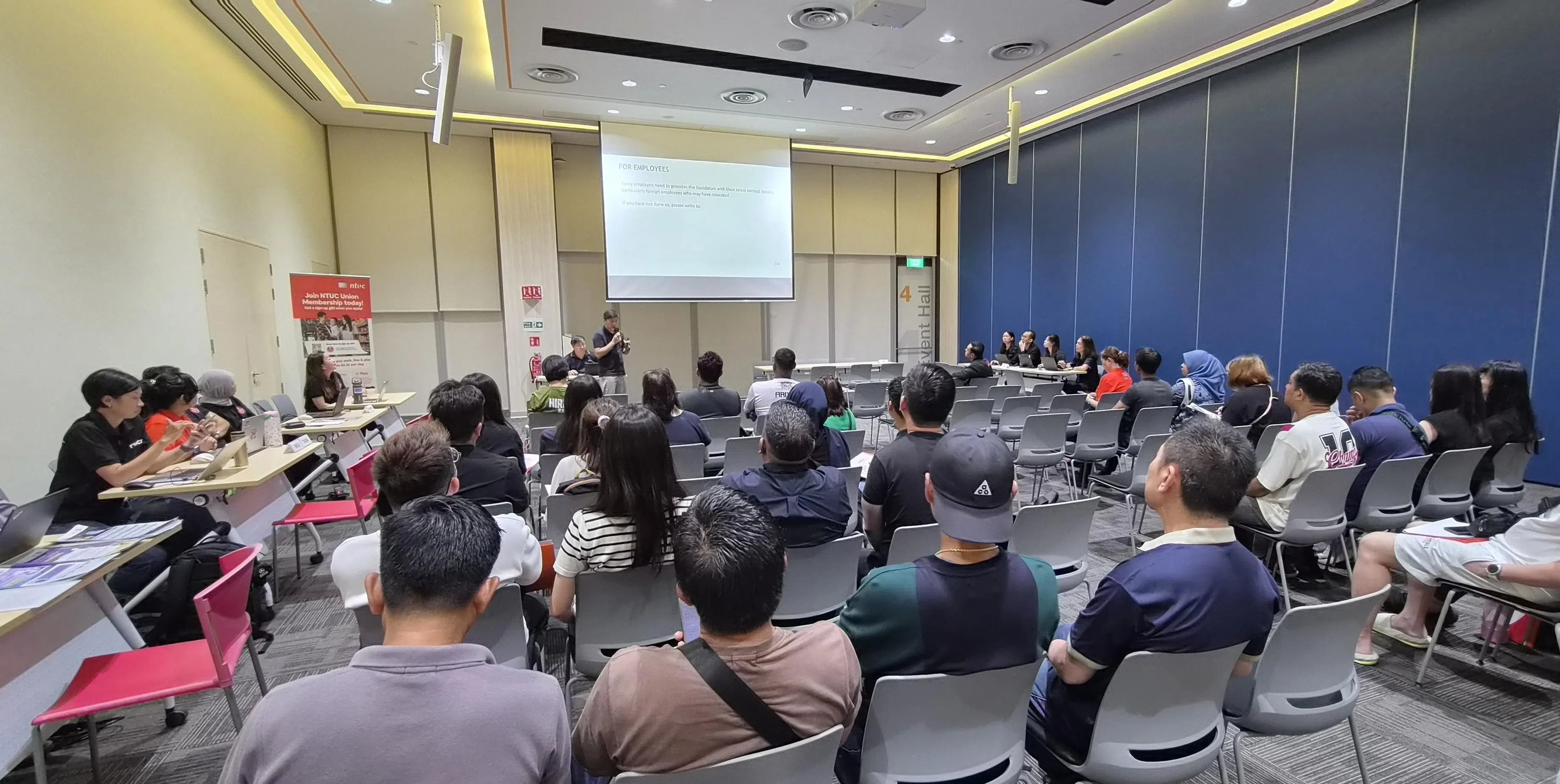 活动吸引近40名受影响员工及教练出席，在工会与e2i的协助下寻找新工作机会。（全国职工总会提供）