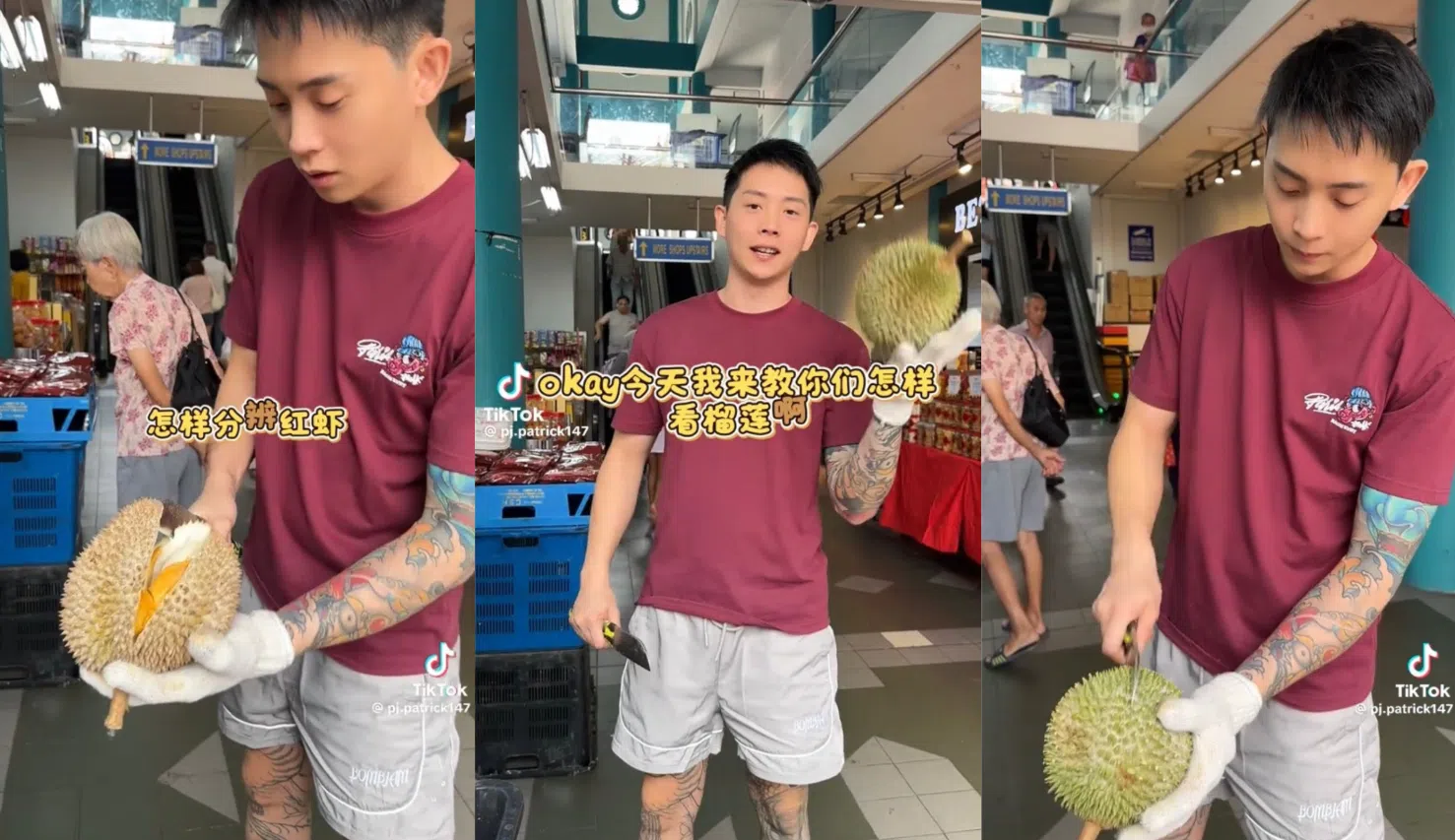 本地水果店P’J的合伙人李创财在社媒平台发布“榴梿小知识”视频。他受访时坦言，拍摄短视频是为了尝试经营账号的另一种方式，完全没有料到视频会走红。（取自TikTok）