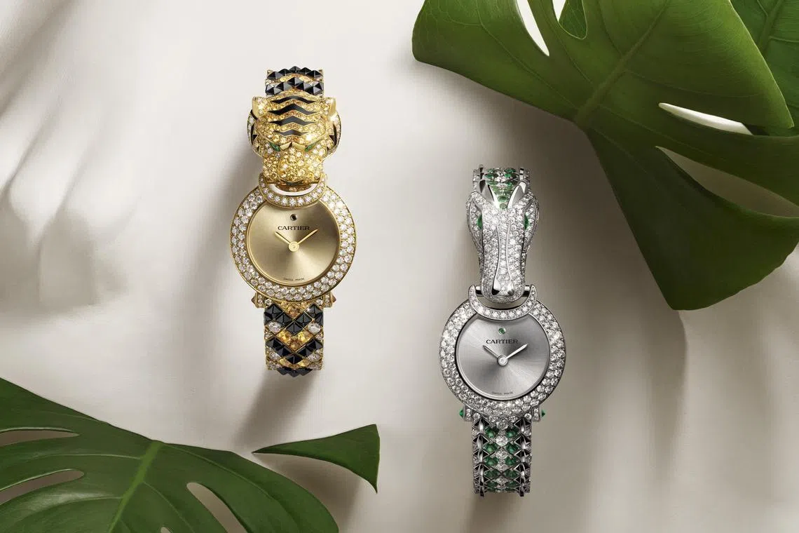 卡地亚用各种宝石打造动物王国，老虎、斑马和鳄鱼的皮毛化作全铺镶钻石腕表。（卡地亚提供）