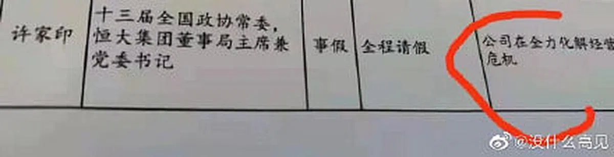 网上流传的文件显示，许家印在两会期间全程请假。（互联网）