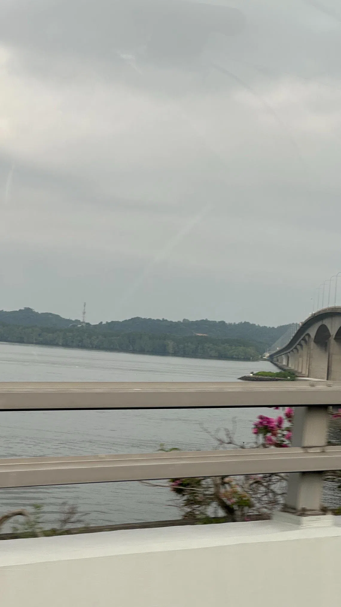 休旅车通过大士第二通道入境马来西亚，车窗外看到的两岸海峡与连接两地的跨海大桥。（赵琬仪摄）