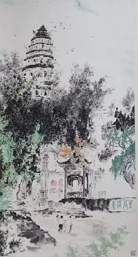 陈士仅水墨山水画《虎丘斜塔》。（画廊提供）