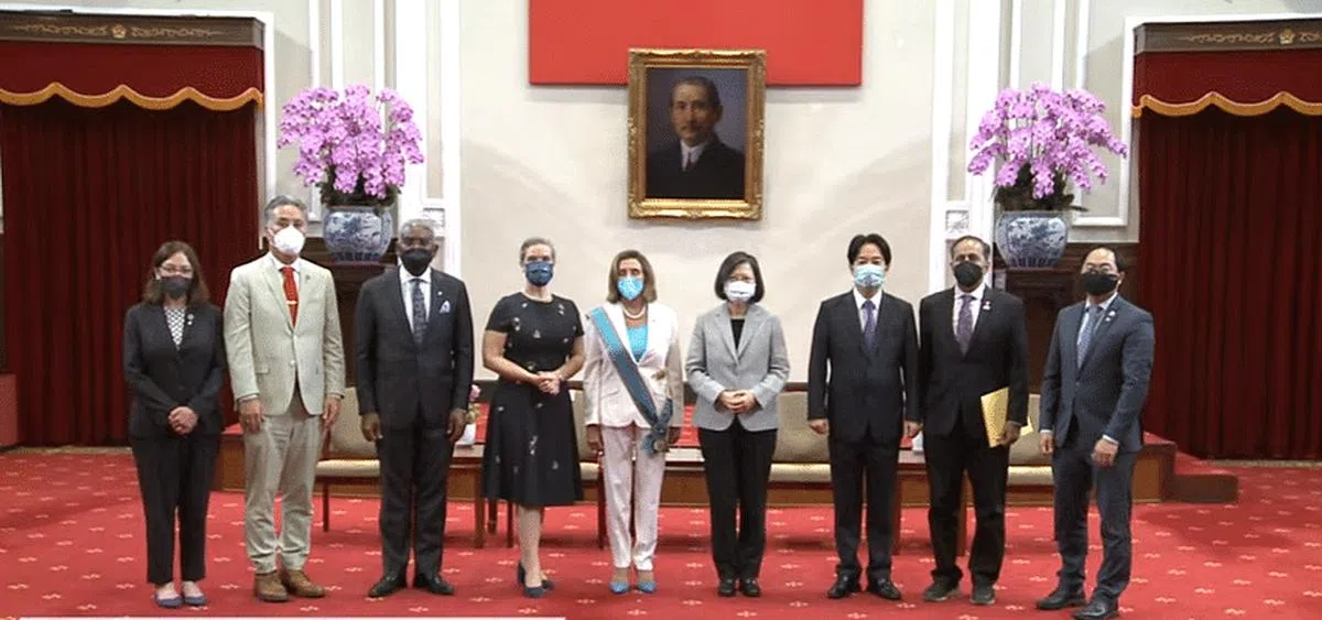 美国众议院议长佩洛西（中）与台湾总统蔡英文（右四）、副总统赖清德（右三）等人合影。（视频截图）