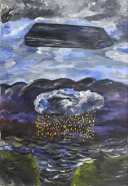 李文的胶彩画《大雨》（1990）。（谁先觉画廊提供）