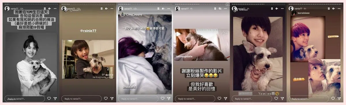 粉丝们在限时动态中分享杨丞琳与爱犬的合照，还有粉丝做了视频，非常感人。（翻拍自杨丞琳IG）