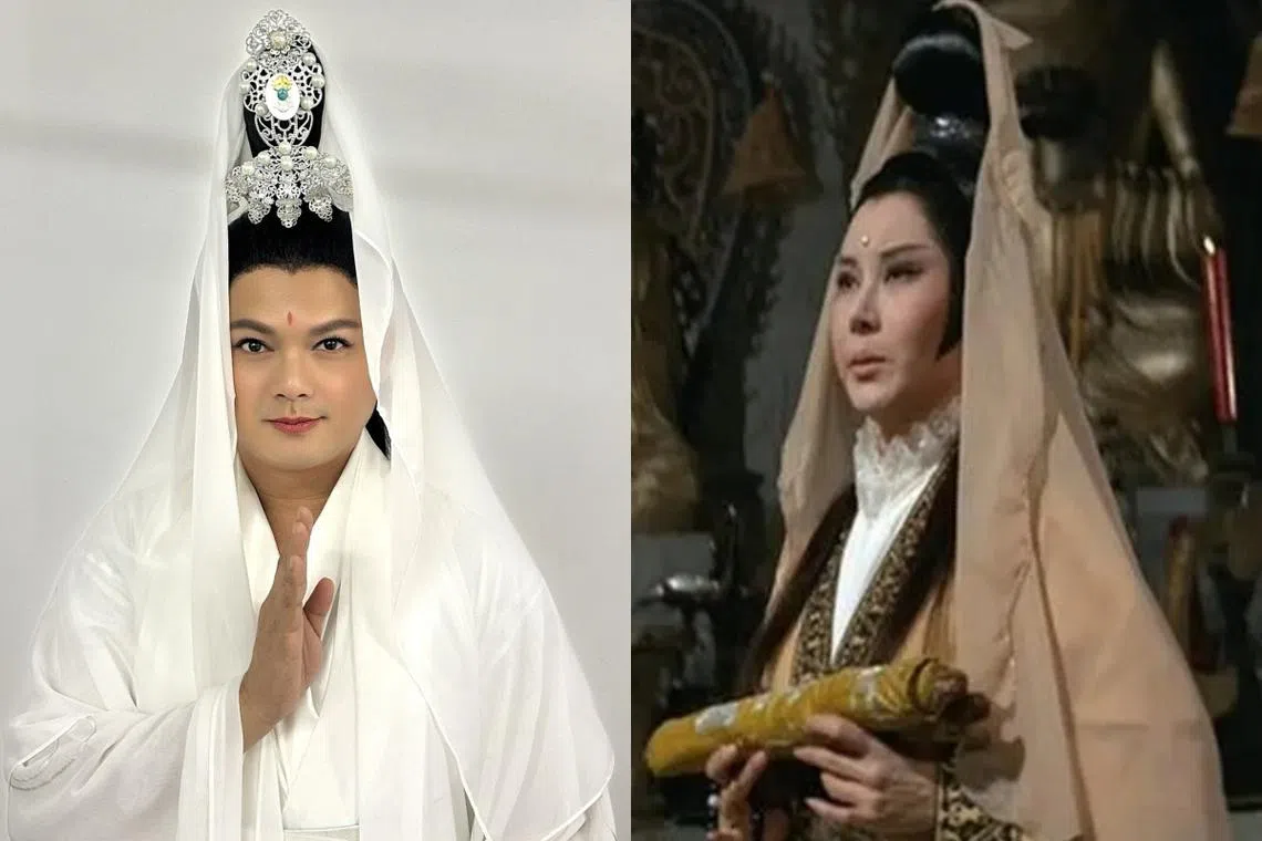 周崇庆（左）扮观音，想到李丽华（右）1967年的观音造型。（受访者提供、互联网）