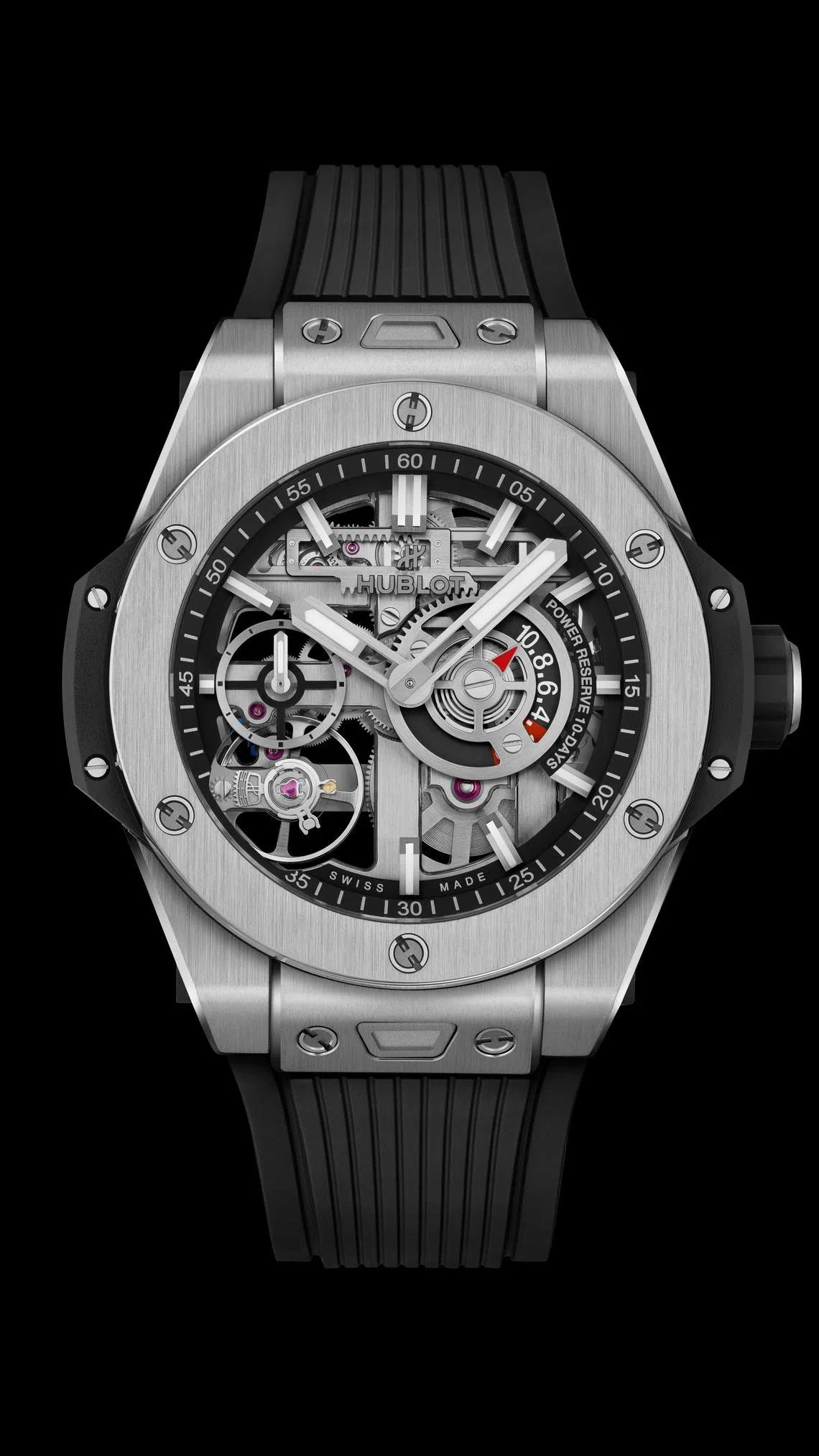 BIG BANG MECA-10十日动力储存腕表，直径42毫米，机芯内部结构如机械积木。（宇舶表提供）