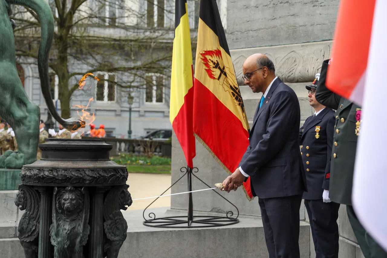 离开布鲁塞尔王宫后，尚达曼总统到附近的比利时无名军人墓前敬献花圈。这个无名军人墓最初是为了纪念在第一次世界大战中的阵亡军人，后来又列入二战罹难者与1945年以后，在和平时代殉职的比利时军人。（数码发展及新闻部提供）