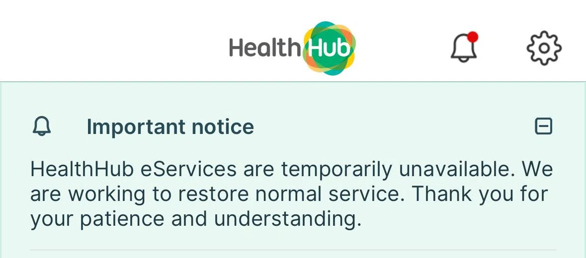 官方保健网站HealthHub也发出通告，指暂时无法提供电子服务。（HealthHub网站截图）
