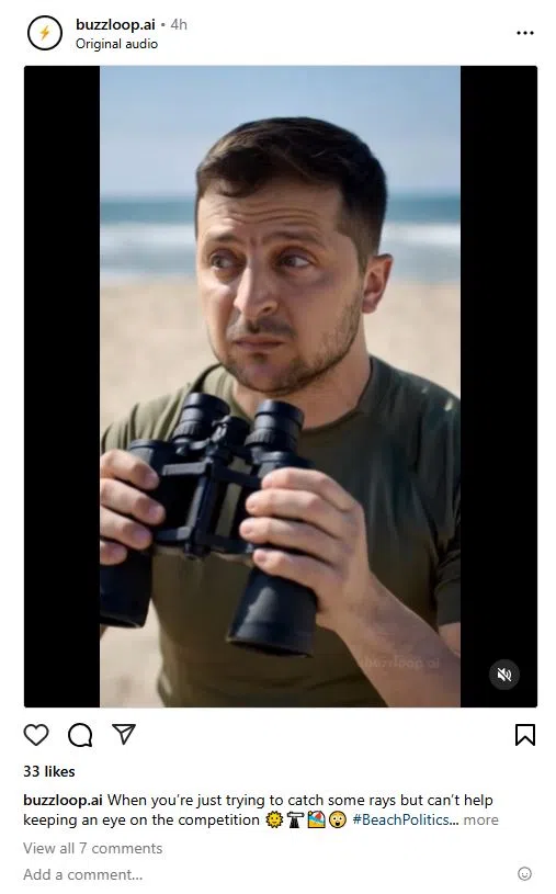 在Instagram上，一个主要发人工智能生成内容的账户，不时以各国领导人当“主角”进行创作，但这些内容大多没有“人工智能信息”的标签。（互联网截图）