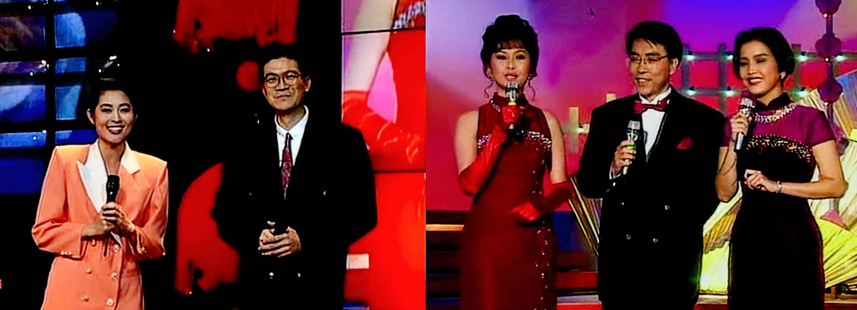 1993年的春晚首创与香港、台湾和新加坡的演播室连线，新加坡演播室的主持人由黄毓玲（右图，左起）、陈澍城和陈丽贞肩负重任，三人连线在北京的大陆主持人倪萍（左图，左起）和张永权。（互联网）