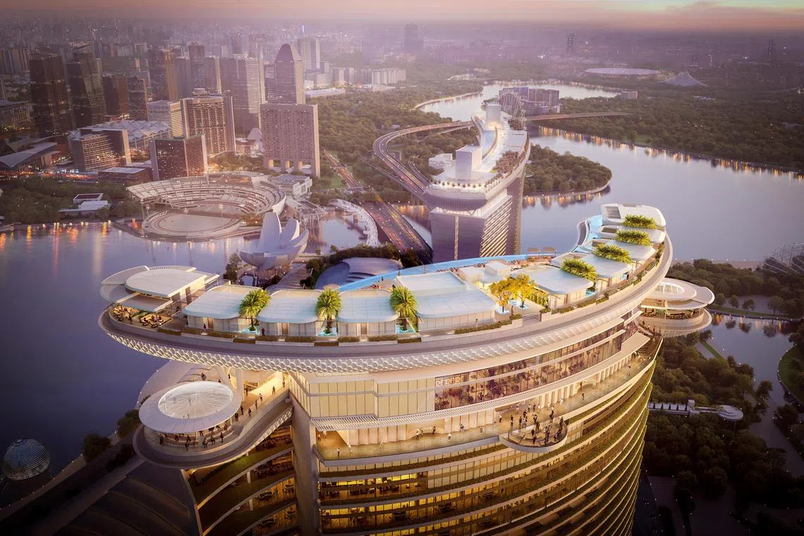 黄循财总理指出，滨海湾金沙扩建项目落成后，将再次刷新新加坡的天际线，是未来重点发展的南部濒水区的一部分。（萨夫迪建筑师事务所构想图）