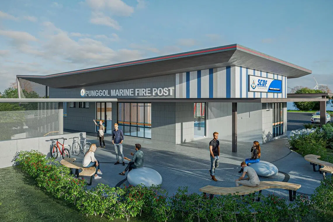 新消防站设共享自行车架，供公众使用。（新加坡民防部队提供）