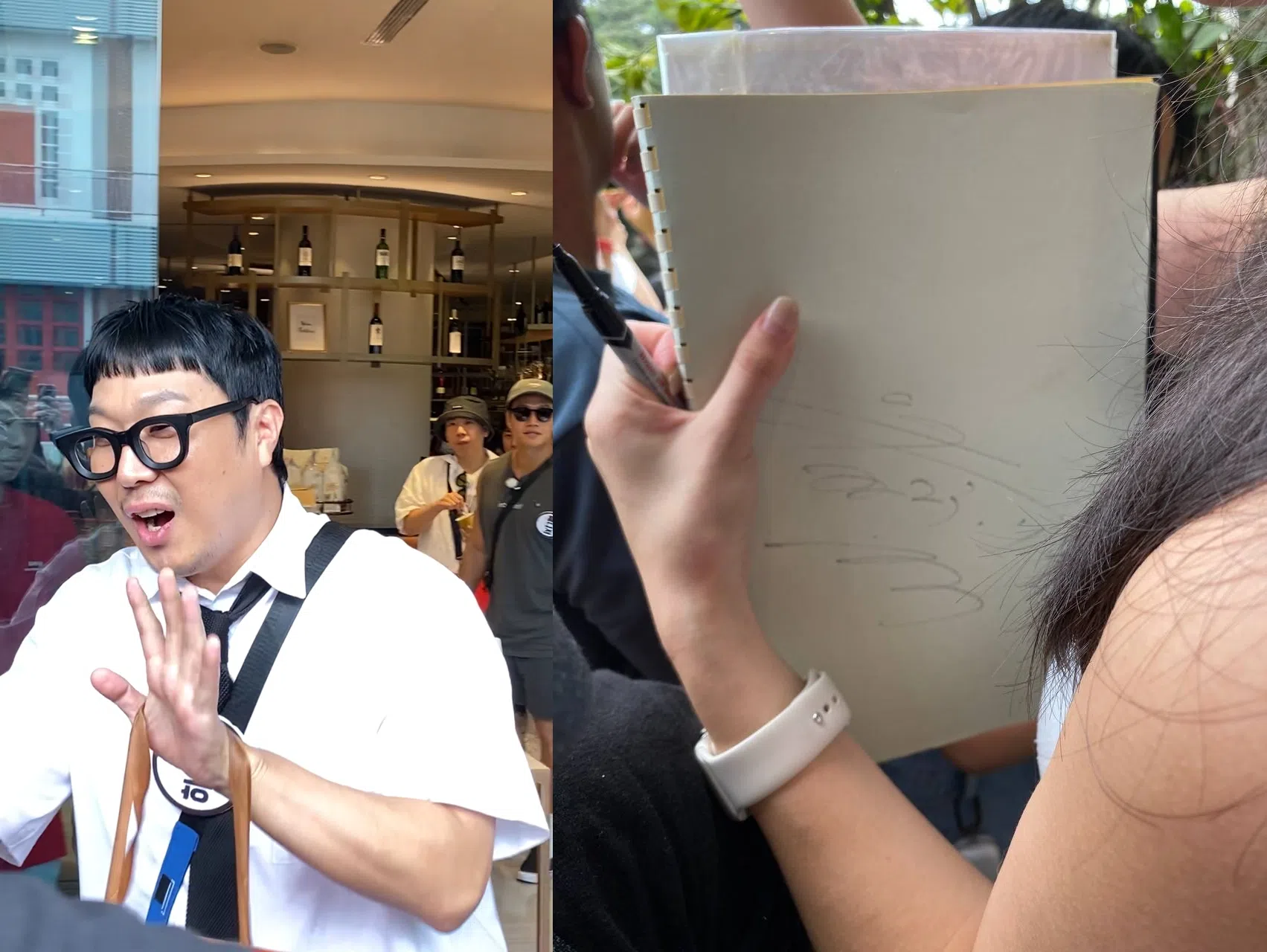 Haha（左）收下粉丝礼物，还有幸运粉丝获得刘在锡的签名（右）。（受访者提供）
