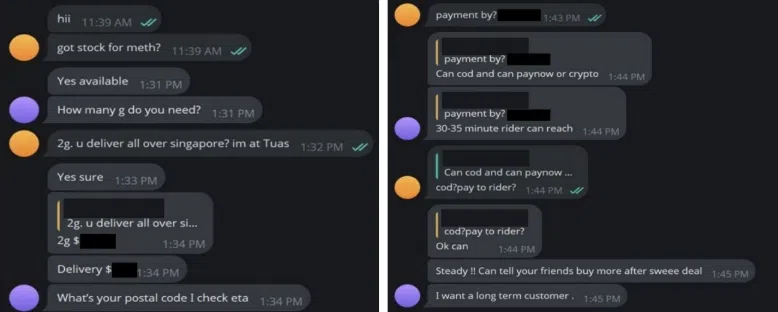毒品买家与毒贩通过Telegram联络的对话内容。（中央肃毒局提供）