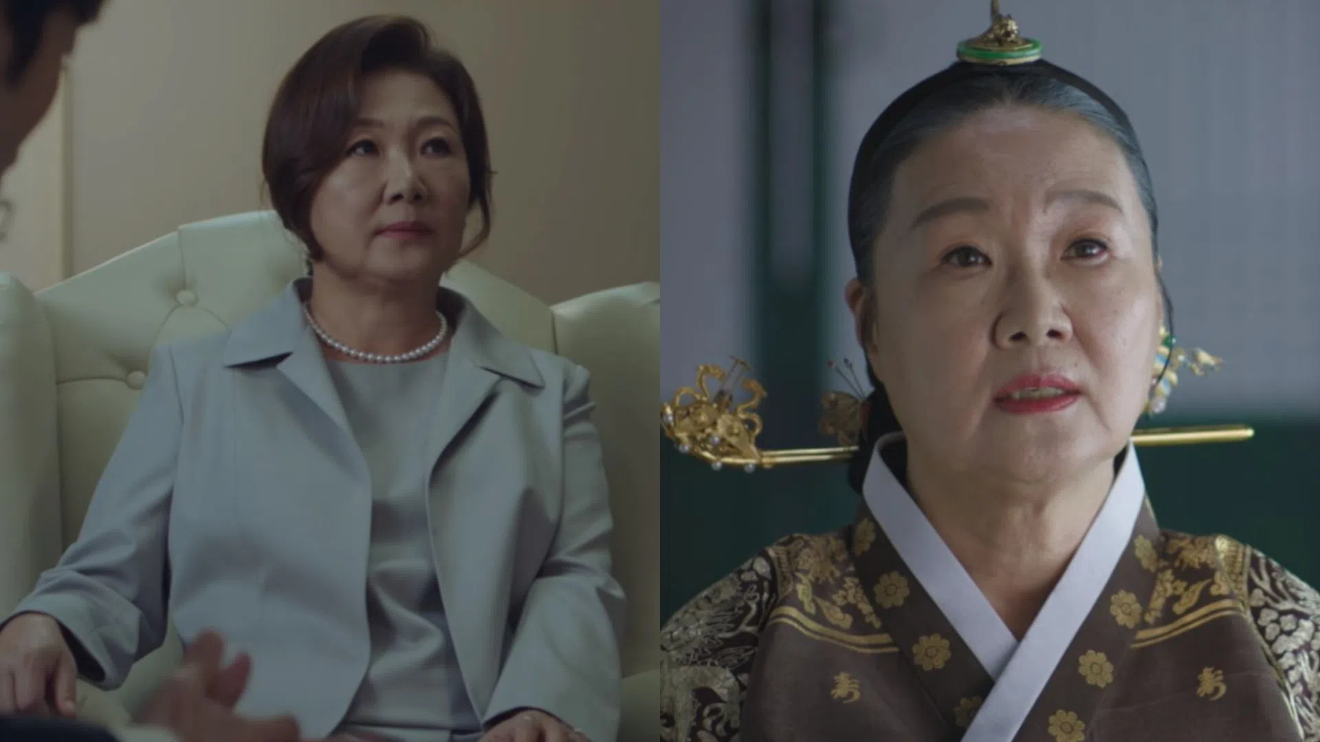 金海淑在《机智医生生活》（左）饰演“罗莎女士”大受欢迎，在《王后伞下》（右）饰演心机大妃赵氏。（互联网）