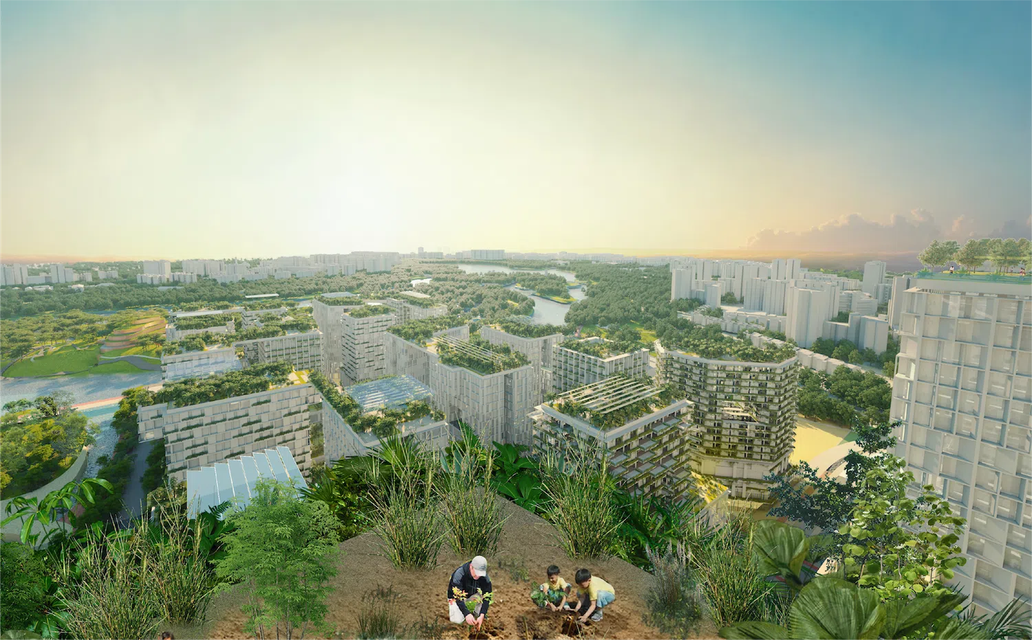 裕廊湖区大面积的地面和建筑将种植绿植。（市建局构想图）