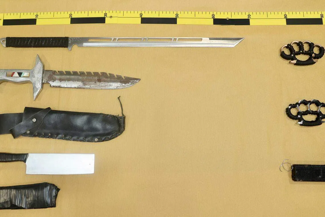 警方起获了一把武士刀、一把菜刀、一把匕首、两个指节套和一个电击器。（邬福梁摄）