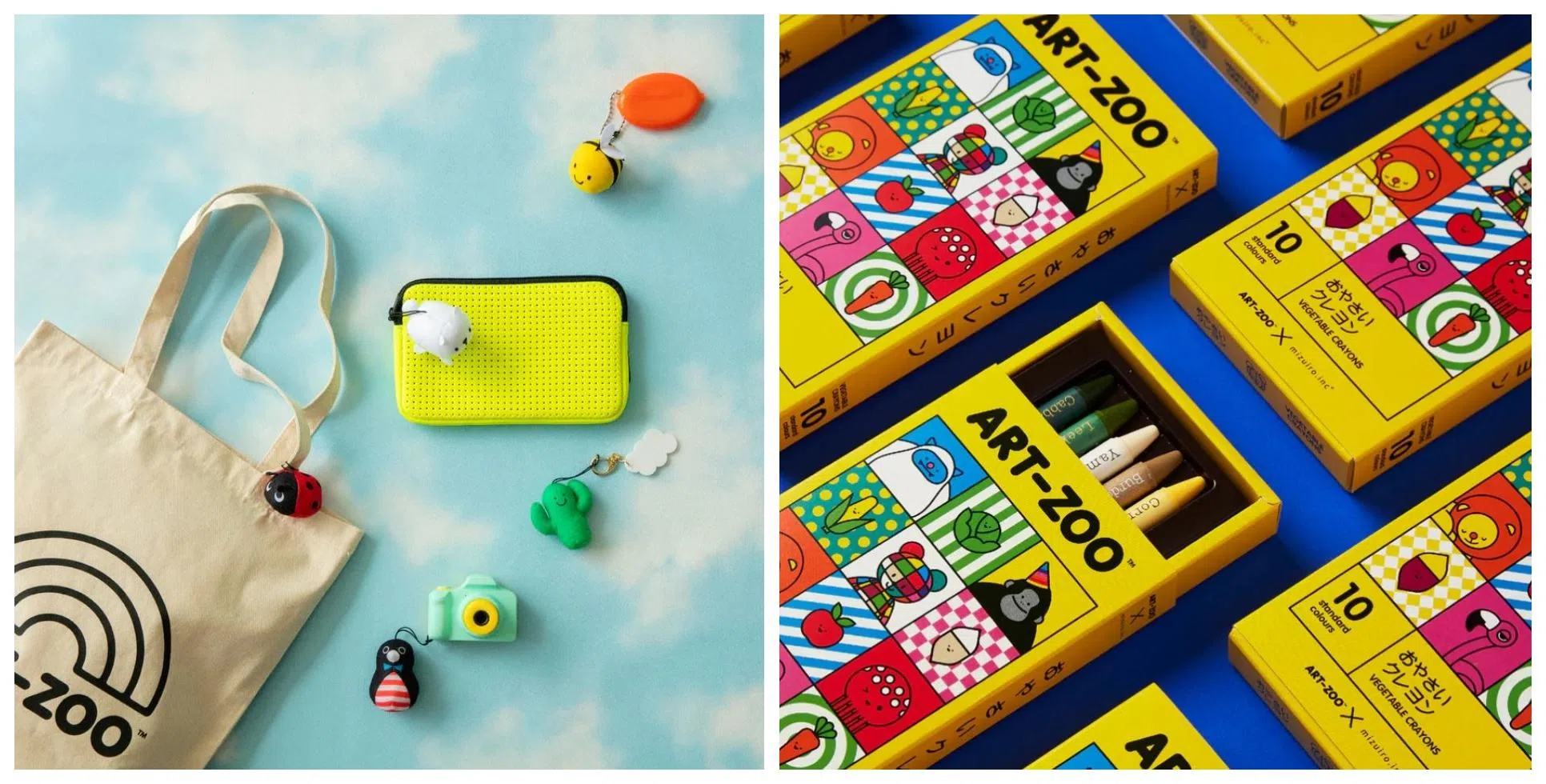 Art-Zoo的托特包、吊饰（左图）和彩色蜡笔（右图），造型可爱。（取自Art-Zoo官网）