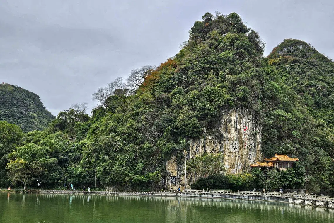 拥有喀斯特山水景致的龙潭公园，青山环绕。（客桑摄）