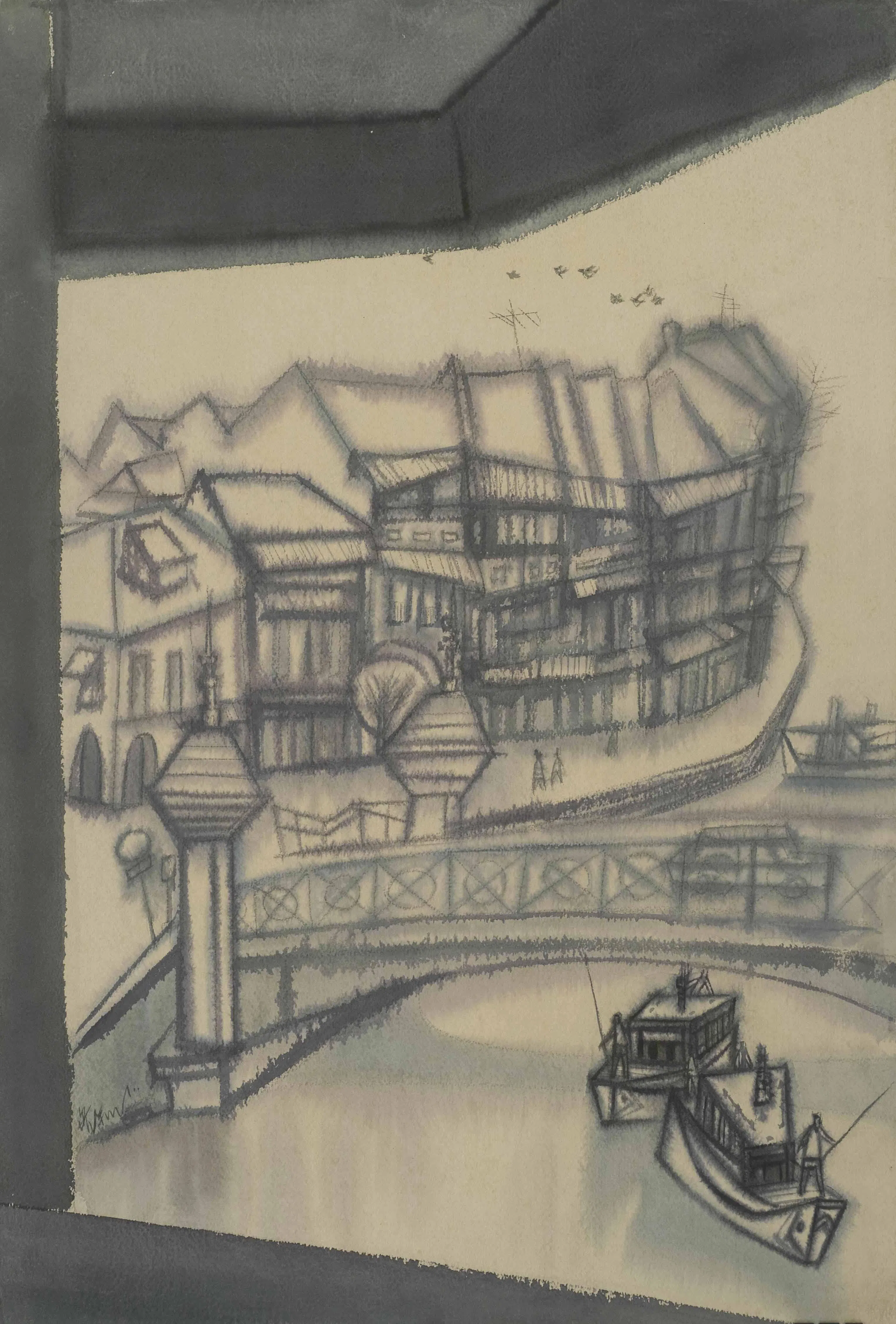 刘培和从高空俯瞰新加坡河的水彩画《桥上桥下》（1978），轮廓用素描粗线勾勒。（受访者提供）