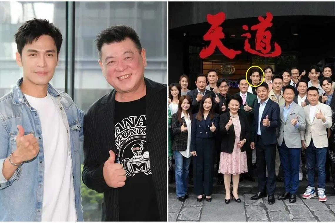 Gino（左图左）在大合照中被挤到第三排，引起经纪人孙德荣（左图右）不满。（互联网）