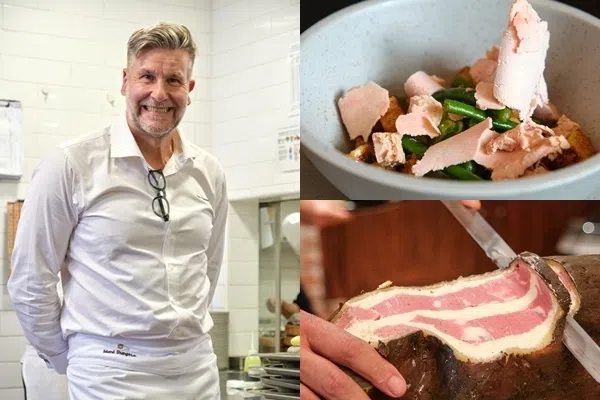 香港珀翠餐馆主厨Uwe Opocensk（左图）到新加坡香格里拉酒店，接手Origin Grill餐馆一晚，呈献特制的冷冻鹅肝沙拉（右图上）和造型如火腿的雪糕（右图下）。（餐馆提供）