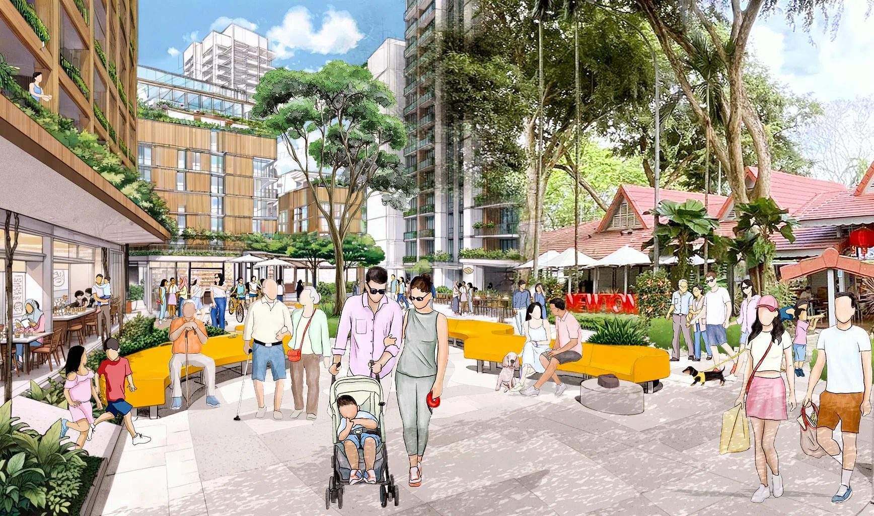 纽顿一带将发展成一个融合住宅、交通与绿意的新邻里区。毗邻地铁站和纽顿小贩中心的地段将兴建一个高密度、混合用途发展项目，并设立社区广场（Village Square），集住宅、商业与生活设施于一体，为居民提供更多餐饮与休闲选择。（市区重建局构想图）