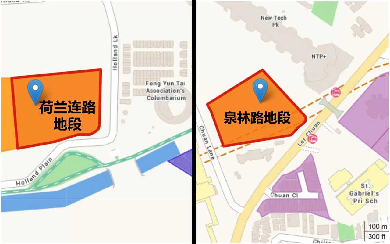 泉林路地段（右）招标在明年7月8日中午12时截止，荷兰连路地段（左）招标在明年7月29日中午12时截止。（取自市区重建局网站）