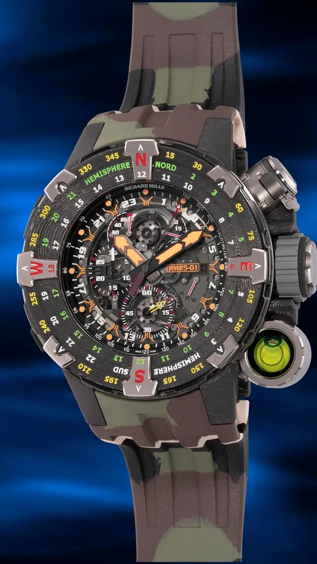 与演员史泰龙合作创作的RM25-01 Tourbillon Chronograph Adventure限量20枚。（富艺斯提供）