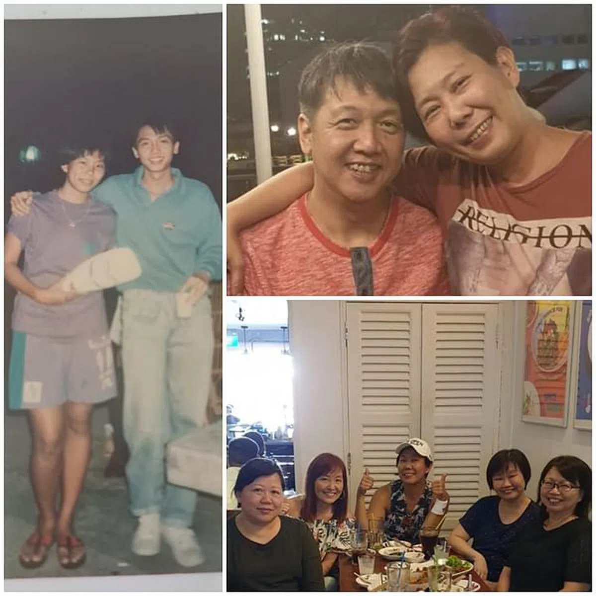 洪爱玲（左图左）20岁时和第一任男友合照，两人最近重逢（右上图）。她和中学同窗至今仍保持联系。（右下图，洪爱玲提供）