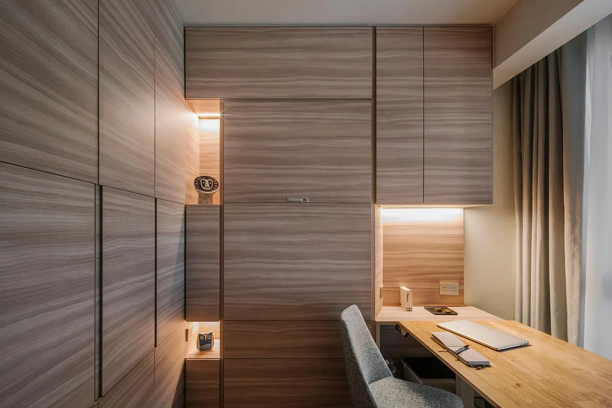 书房的木纹做横向处理。书桌旁的壁橱暗藏一张超大单人床，一按铜钮就能把床放下，把书房变成客房。（Metre Architects提供照片）