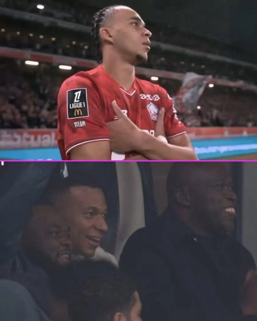 伊桑（上）在进球后做出姆巴佩的同款庆祝动作，他的进球也让看台上的姆巴佩（下中）开心不已。（互联网）