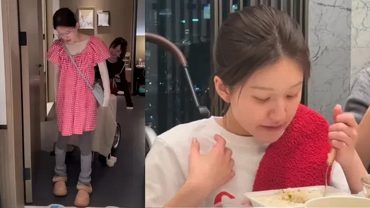 赵露思正在练习走路和用叉子吃饭，动作不太灵活惹粉丝心疼。（取自赵露思抖音）