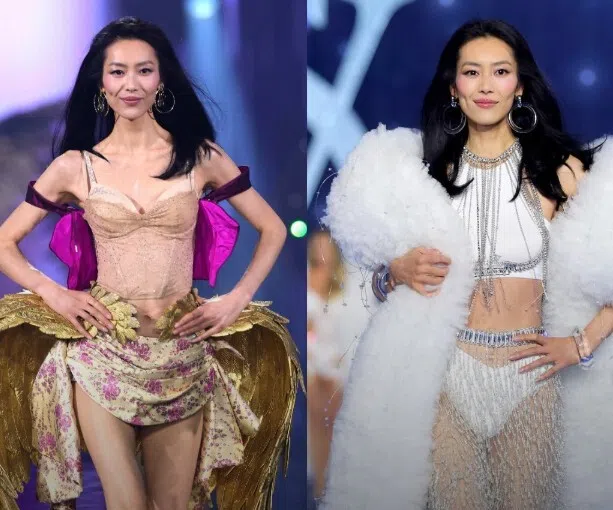 刘雯第十次上维密大秀，两套造型风格有反差。（法新社）