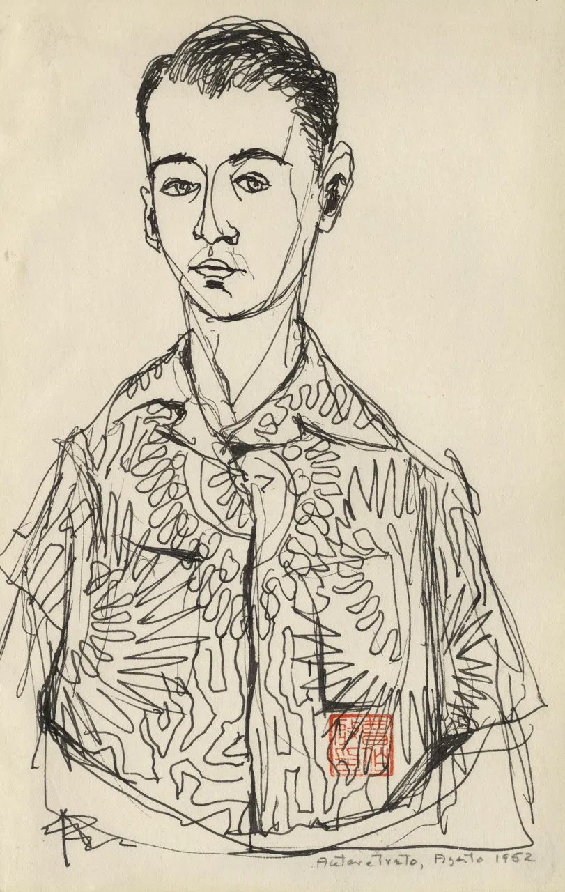 索贝尔在1952年自画像盖上中国印章。（国家美术馆提供）