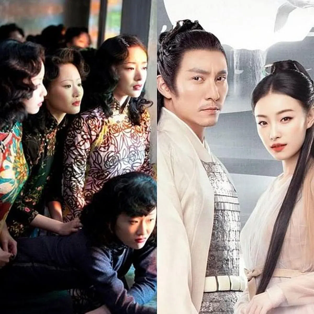 倪妮（左图后排右一）凭《金陵十三钗》妩媚出道；到了《宸汐缘》，演出惊险过关。（剧照）