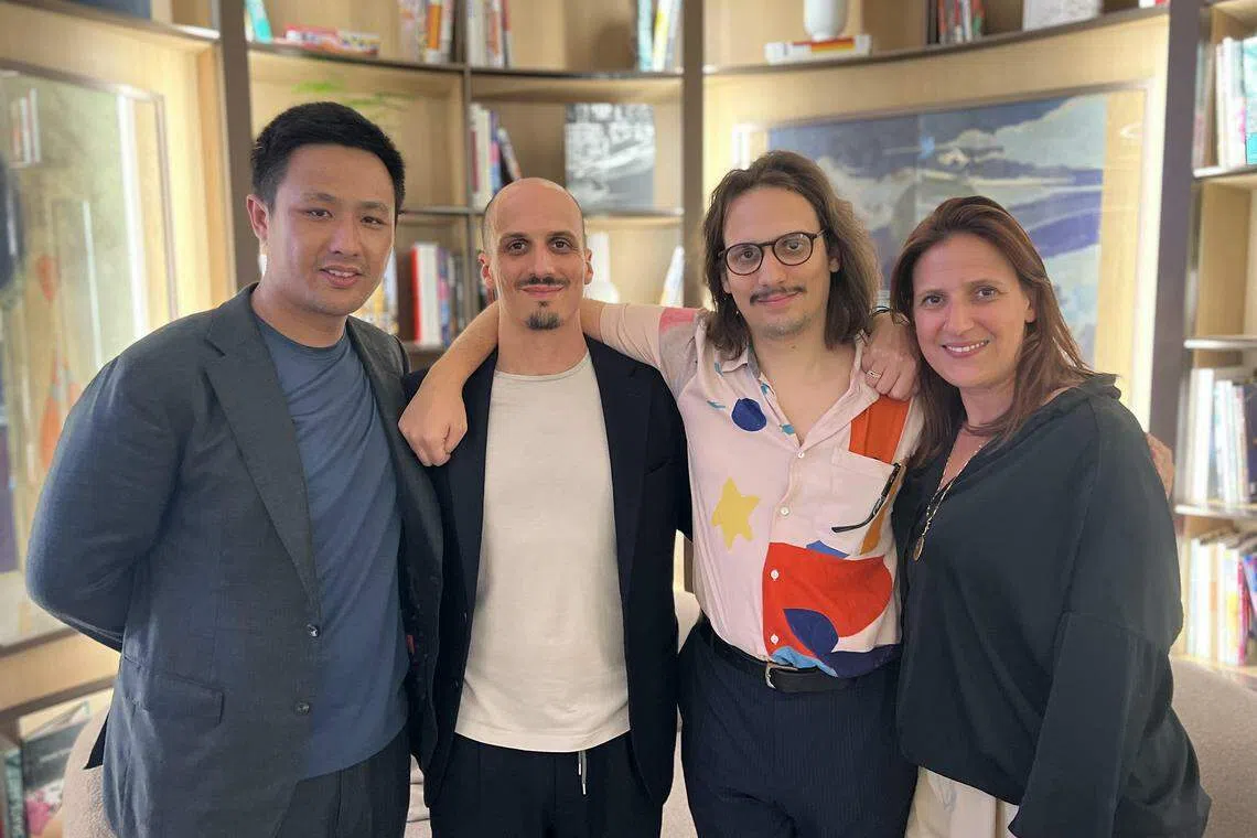 （左起）理查德米勒（亚洲）运营总裁陈杰联同理查德米勒二代成员：品牌总监亚历山大·米勒、品牌视频协调纪尧姆·米勒，以及品牌与合作伙伴关系总监阿曼达·米勒。（吴庆康摄）