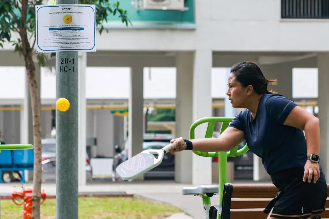 蒙巴登区使用泡棉球的新措施，在加西雅弯第28座组屋、松弄第11座组屋、甘榜阿兰路第14座组屋，以及达哥打弯第60座组屋附近的球场全面落实。（联合早报）