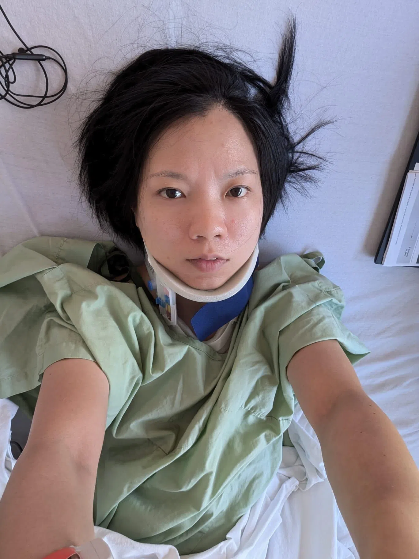 廖玲鈴脖子受伤后，一度有瘫痪风险，但好在第二天就能自行走路。（受访者提供）