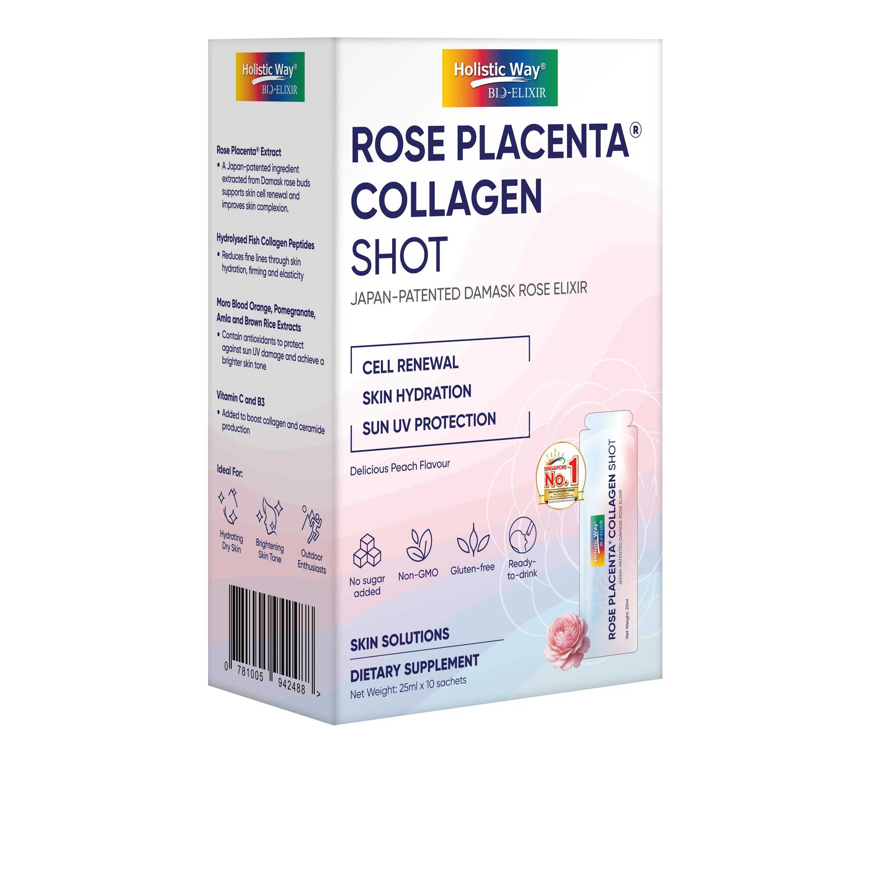 Holistic Way Bio‑Elixir Rose Placenta Collagen Shot即饮配方含有日本专利玫瑰胎盘素及水解鱼胶原胜肽。（商家提供）